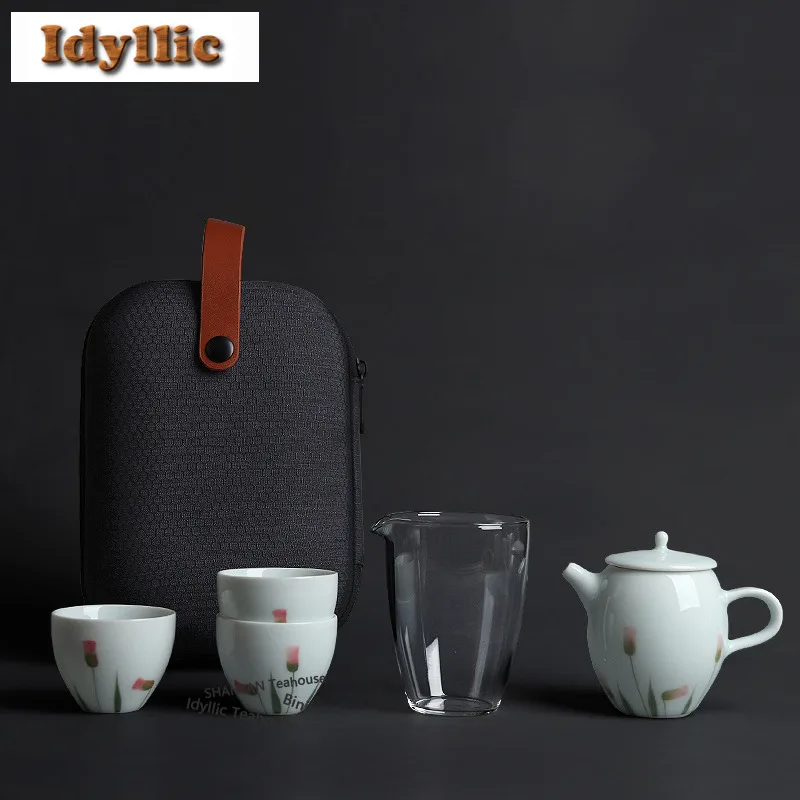 

Hand-painted Shadow Blue Celadon Travel Tea Set Kit Aesthetic 1 Pot 3 Cups Tea Maker Organizer Portable Outdoor Stock Bags Gifts