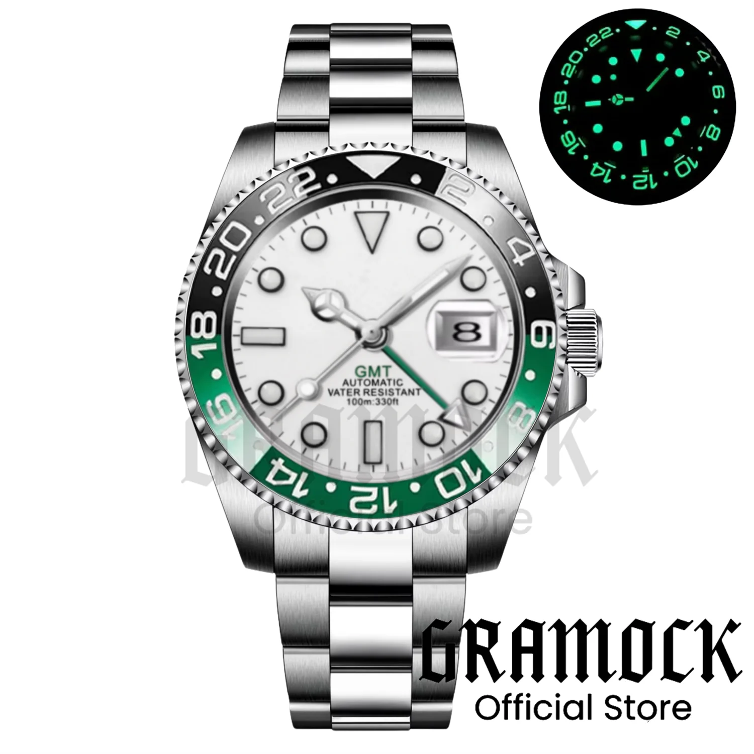 Gramock 40MM Silver Steel Dive NH34A DG3804 Mechanical Watches For Men GMT Fuction White Dial Luminous 100M Waterproof Men Watch