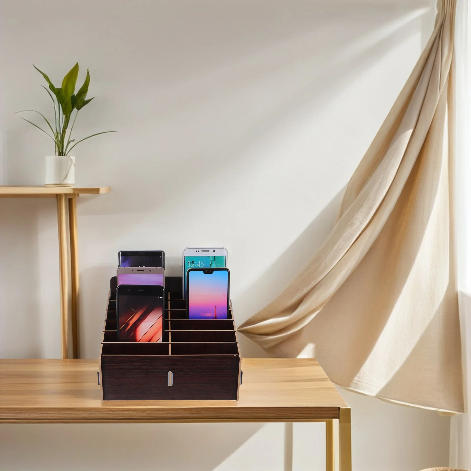 

12-Compartment Wooden Phone Storage Box Desktop Organizer Cellphone Holder Stand for Desk Office Home Mobile Phone Parts Display