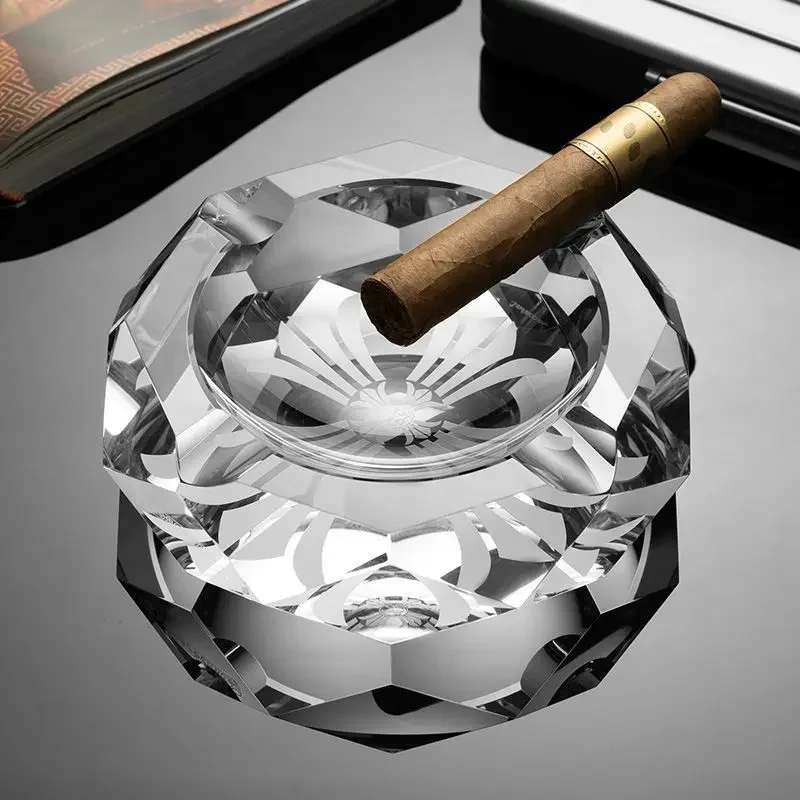 Stylish Universal Cigar Ashtray for All Cigar Sizes, Thick Crystal Glass Tray with Multi-Slot Design, Modern Desktop Decor