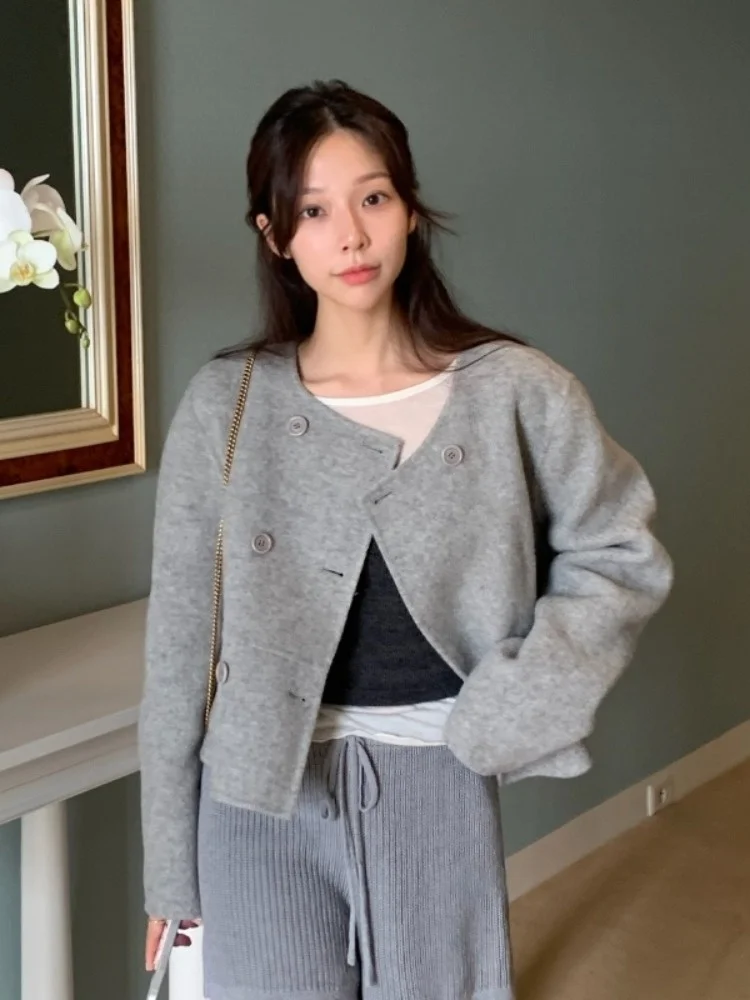 

JL Korean Sle Elegnant mat ular Design Double Button round Ne ketWoollenortCoat Women's Faion Outerwear