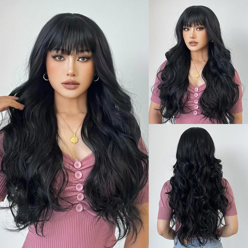 

OneNonly Natural Black Long Wavy Synthetic Wig with Bangs for Women Body Wave Dark Brown Wigs Cosplay Daily Hair Heat Resistant