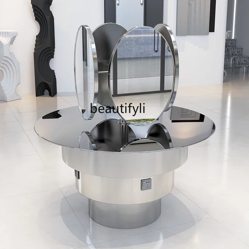 xx1Hair Salon Dressing Table Four-Sided Stainless Steel Floor Mirror Fashion Hair Salon Special Barber Shop Hair Cutting Mirror