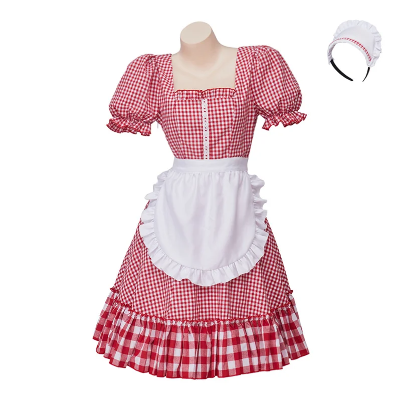 Musical Schmigadoon Lady Betsy Cosplay Costume Waitress Dress Sexy Plaid Dress With Apron Set For Women  Uniform