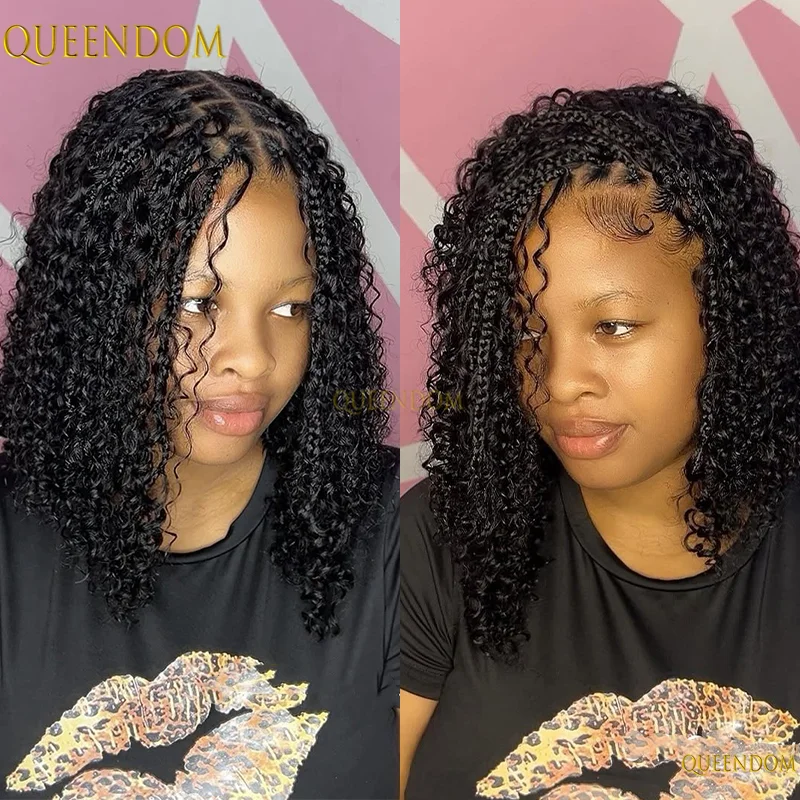 

12 "синтетический полный парик фронта шнурка для чернокожих женщин, короткие богемные плетеные парики, плетение волос без узлов с волосами ребенка