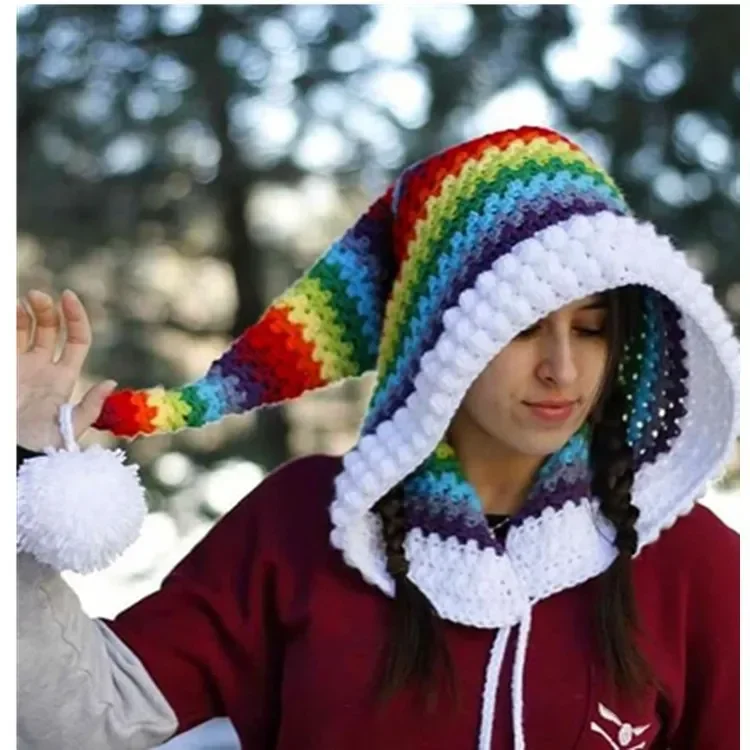 Children\'s Crochet Rainbow Long-tailed Hat Parent-child Knitted Wool Warm Elf Hat Men and Women Wear Thick Winter Beanie Hats