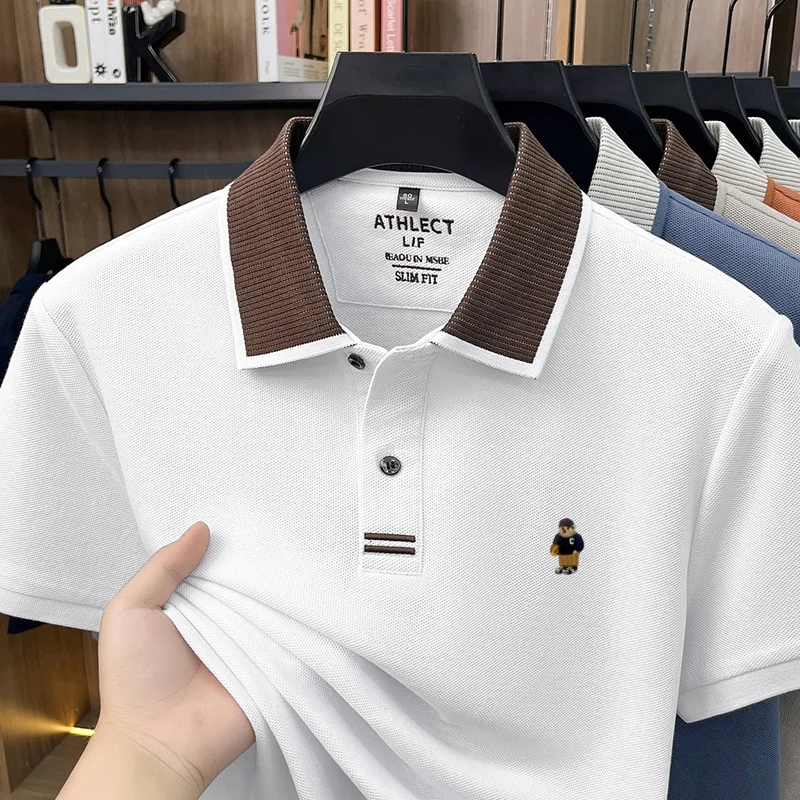 Luxuriöses 100% Baumwoll-Kurzarm-Poloshirt für Herren, neuer Trend, Marken-Cartoon-Bären-Stickerei, atmungsaktives, bequemes, lässiges Sommer-T-Shirt – Detail 10