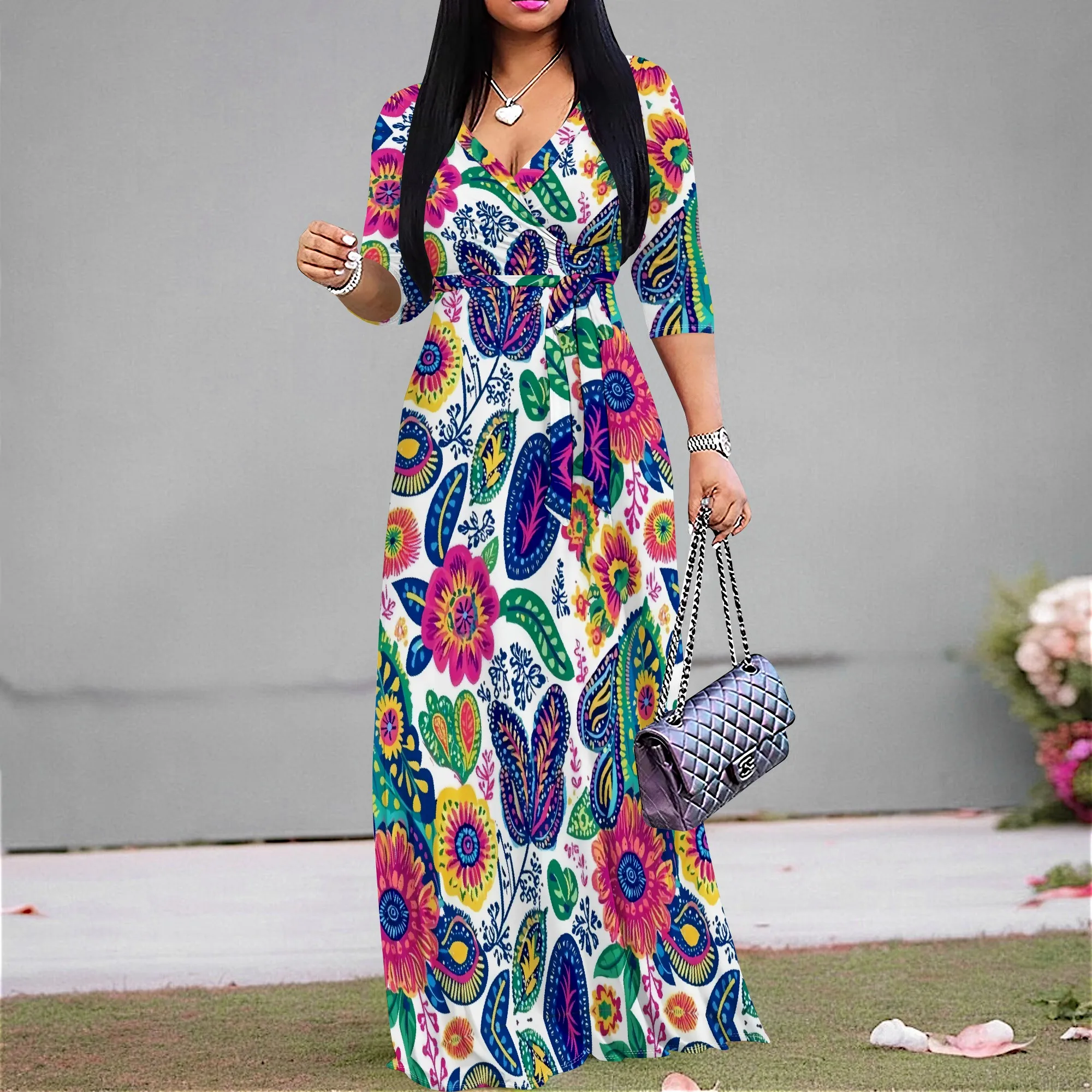 

Boho Floral Paisley Maxi Dress for Women V-Neck Ethnic Vacation Style Spring or Afro Festival Look 2025