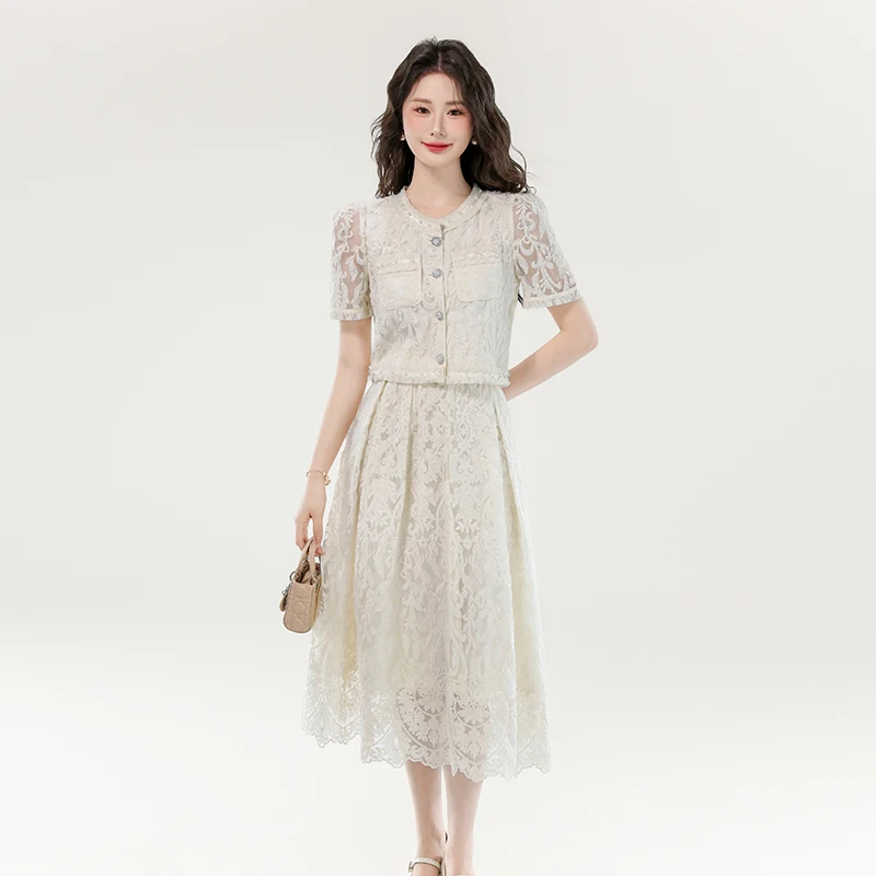 

Summer Women Elegant Embroidery Lace Skirt Suits Fashion Short Sleeve Short Shirt And High Waist A-Line Long Skirt Two Piece Set