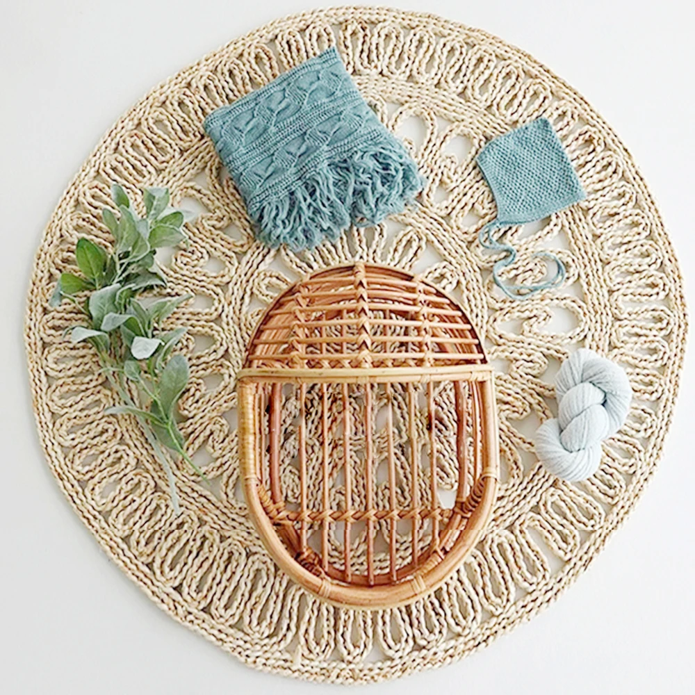 Round Straw Rug Newborn Photography Props Boho Newborn Photo Carpet Hand Braided Natural Baby Blanket Photography Accessories