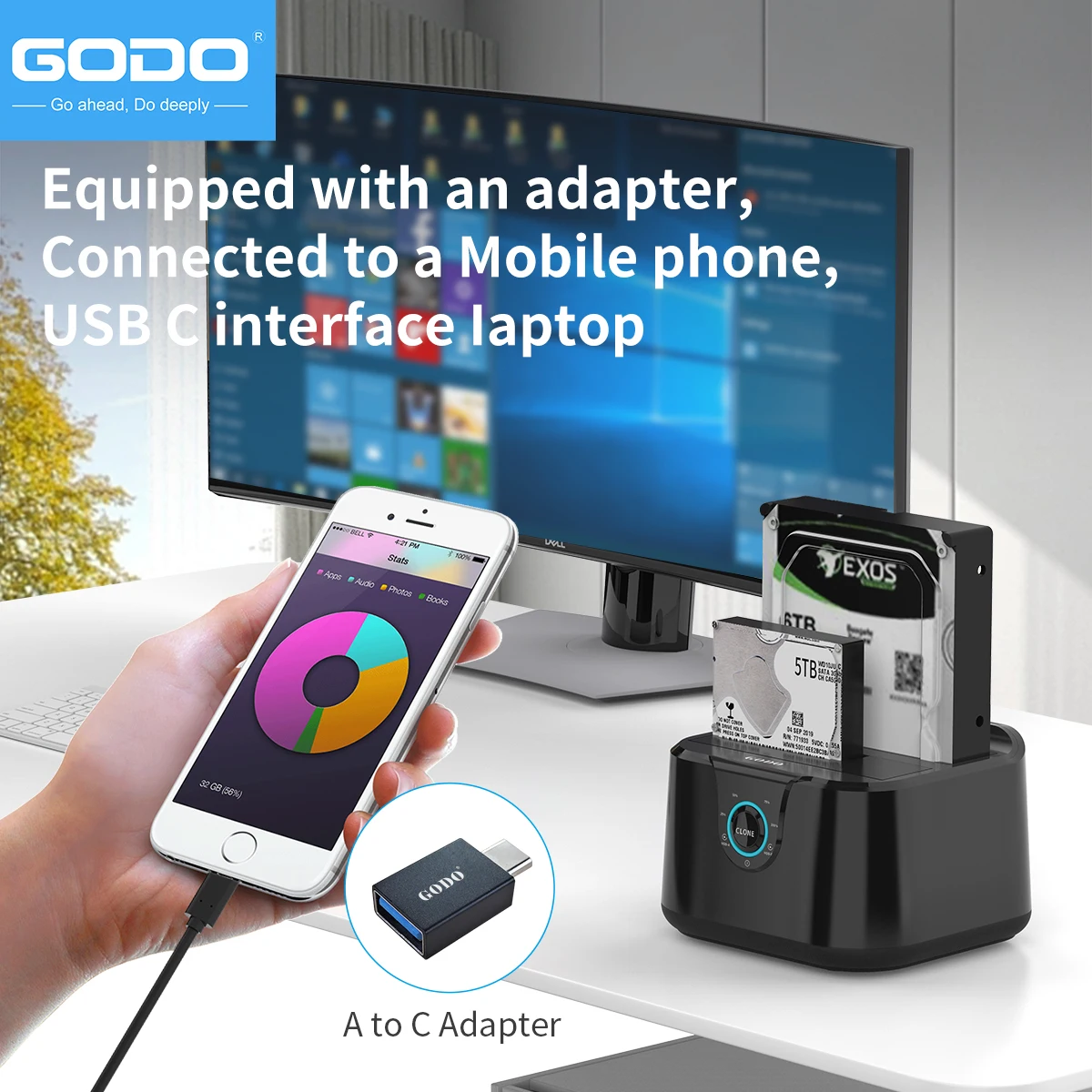 GODO 하드 드라이브 도킹 스테이션, USB 3.0 C타입, 듀얼 베이 하드 드라이브 독, SATA 2.5, 3.5 인치 HDD, SSD용, LED 표시기 포함