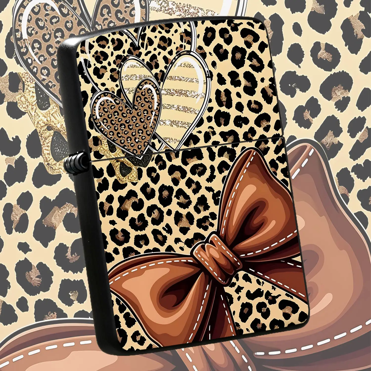 Trendy Leopard Print Decorative Lighter, Adorable Brown Bow With Stitched Detail And Stacked Glitter Heart Accents, Chic Stylish Accessory For Daily Use, Gatherings And All Occasions, Thoughtful Unique Gift Choice For Y A Humorous And Inter