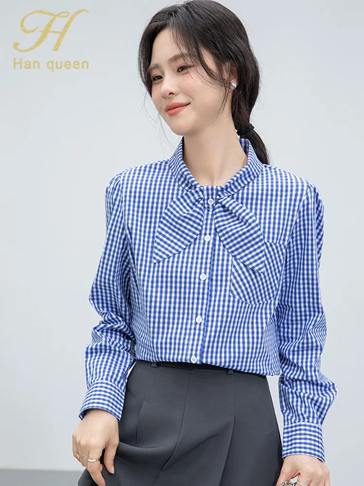 

H Han Queen 2025 Autumn Long Sleeve Chiffon Plaid Shirt Chic Elegant Blouses Loose Women's Clothing Simple Vintage Casual Tops