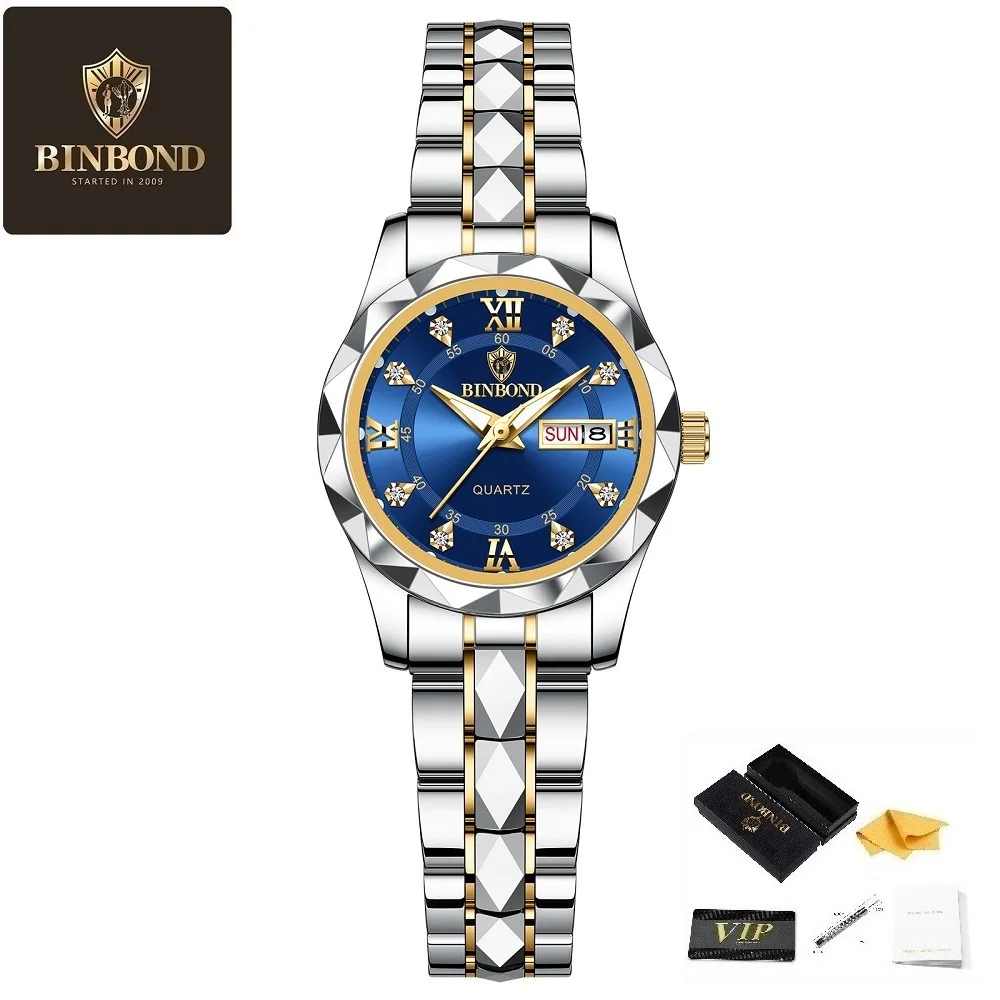 BINBOND Women's Watch Fashionable and Trendy Night Light Waterproof Watch Display Date and Wee Women's Light Luxury Quartz Watch