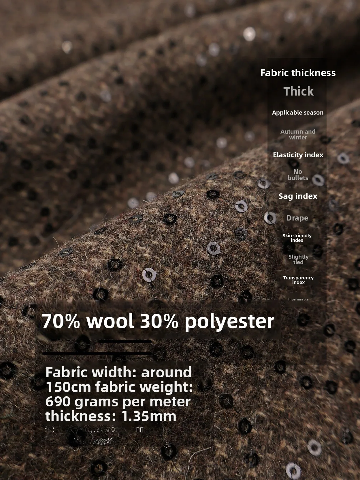 

Modern Sle Embroidered iny Sequin Woolen Fabric Browni-ay DIY Material for Autumn Winter Coats Skirts