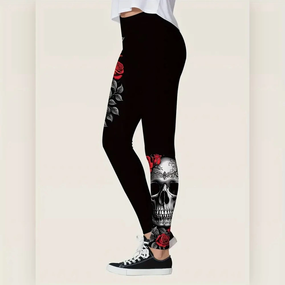 Halloween & Rose Skull Print Elastic elastic waist women\'s casual leggings spring Summer Fall