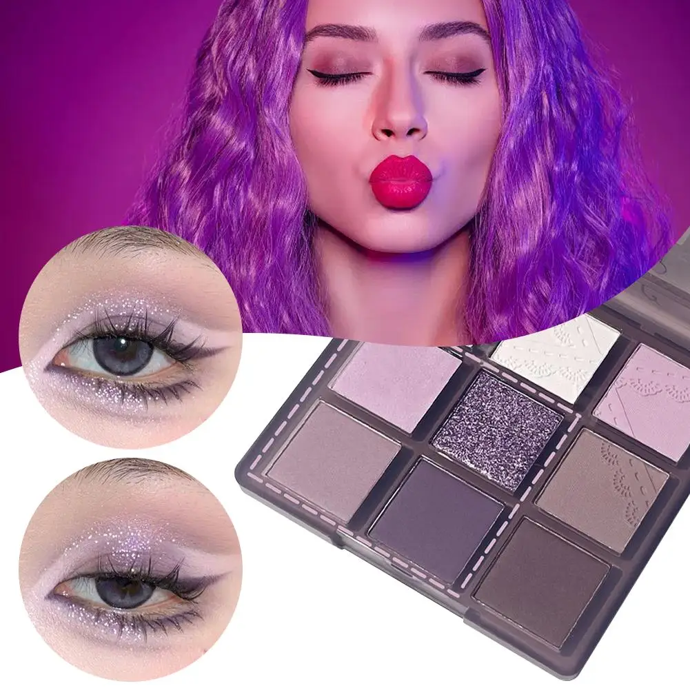 Smoke Purple 9 Colors Eyeshadow Palette Pearlescent Makeup Eye Matte Shadow Palette Waterproof Purple Korean Grey Makeup O1L8