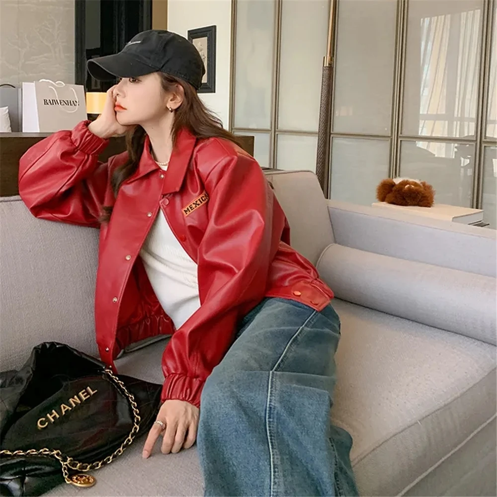 Y2K2024 Spring And Autumn Women\'S New Fashion Leisure Commuter High Street Red Coat Loose Motorcycle Leather