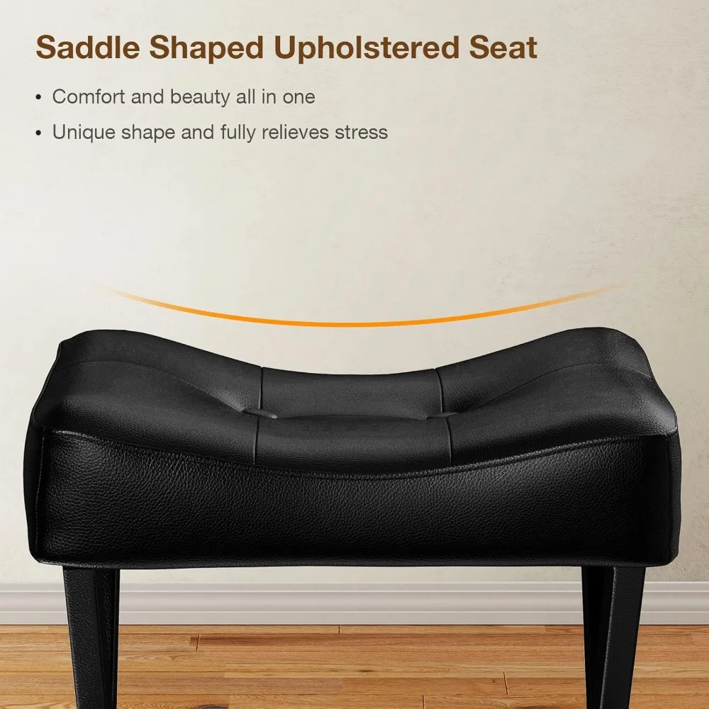 Cadeira de vaidade de couro preto com perna em X de metal e assento de sela acolchoado, banco otomano de 18 polegadas