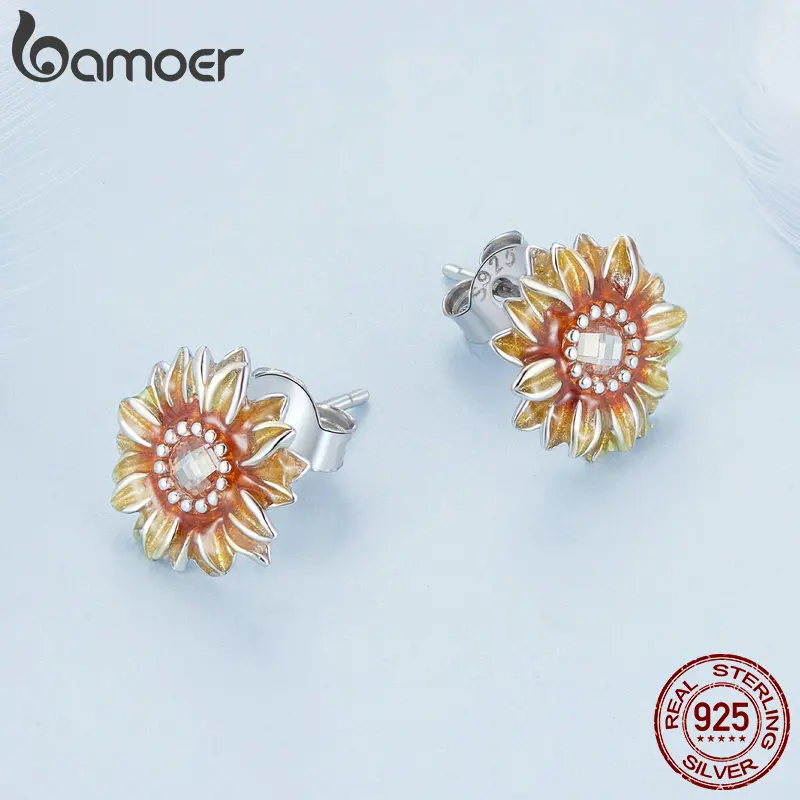 Bamoer 925 Sterling Silver Enamel Sunflower Stud Earrings Vintage Flower Earrings for Women Girls Fine Jewelry Gift