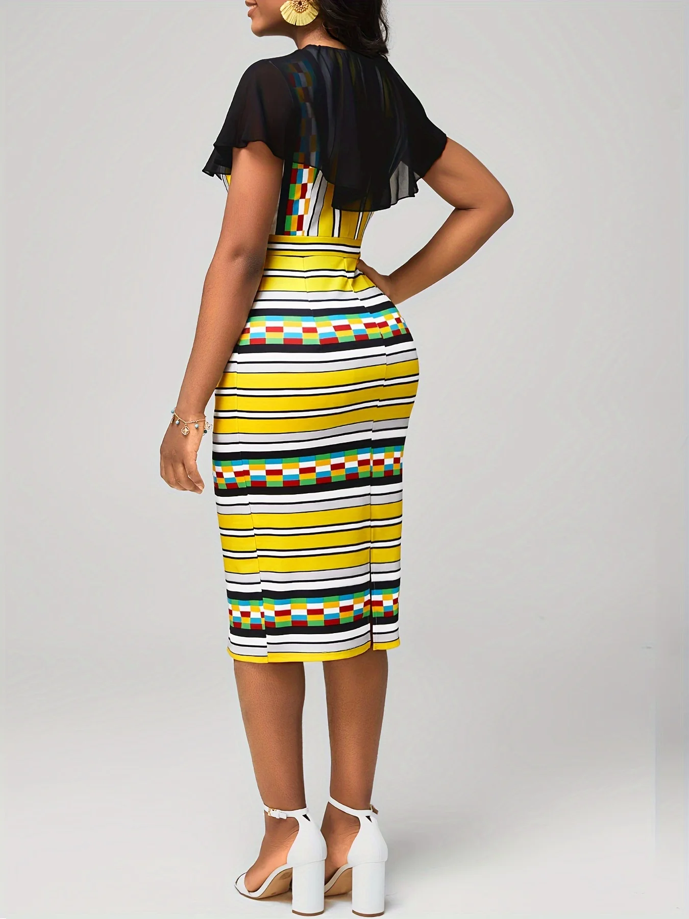 Women Elegant Summer Round Neck Short Sleeve Stripes Print Mesh Work Office Knee Length Dress Bodycon Pencil Skirt view 2