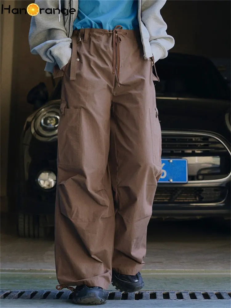 

HanOrange 2024 Early Spring Casual Pockets Wide Leg Cargo Pants Women Loose Casual Trousers Female Army Green/Coffee