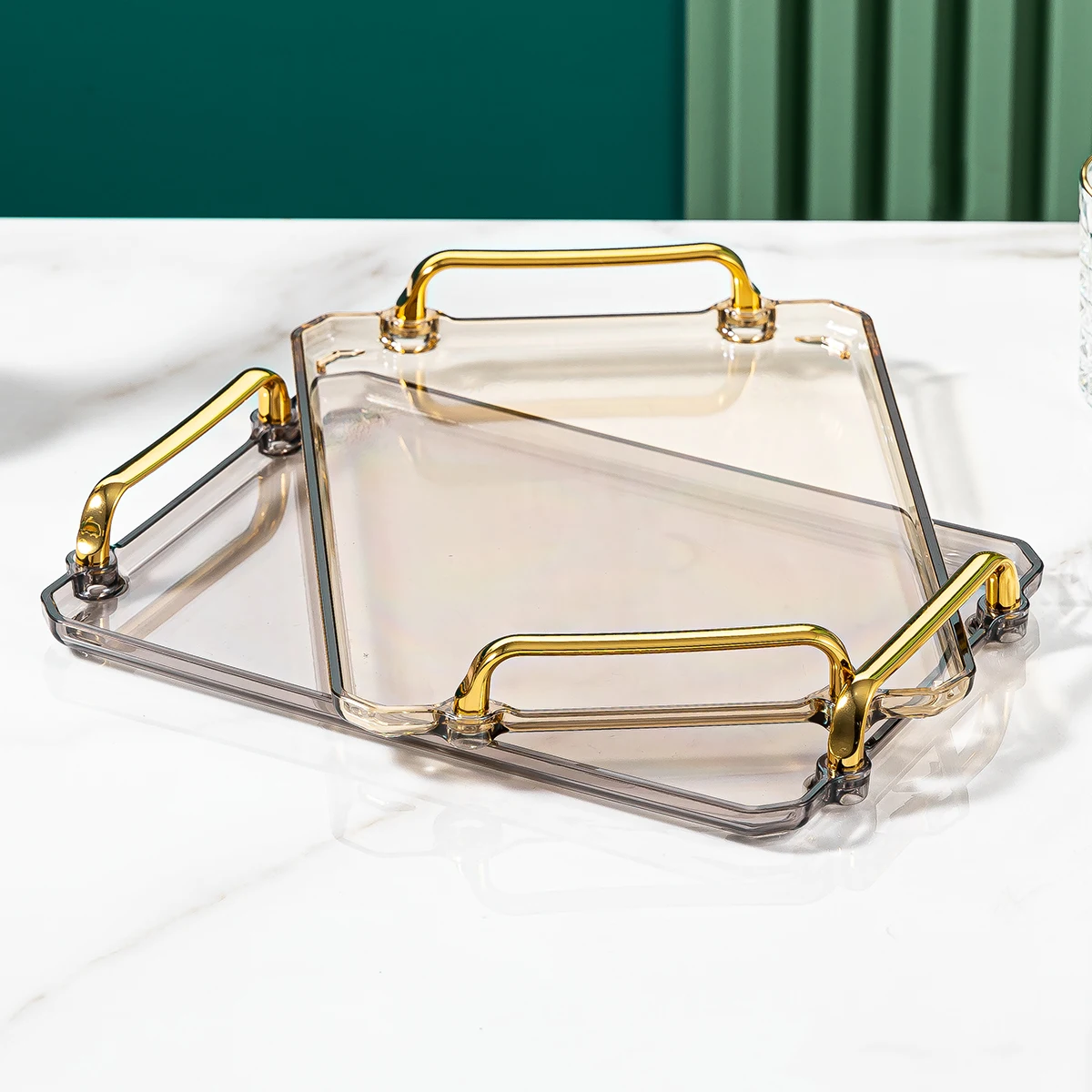 1pc Storage Tray, Household Rectangular Storage Rack, Transparent And Simple Storage Tray With Golden Handle, For Living Room, D