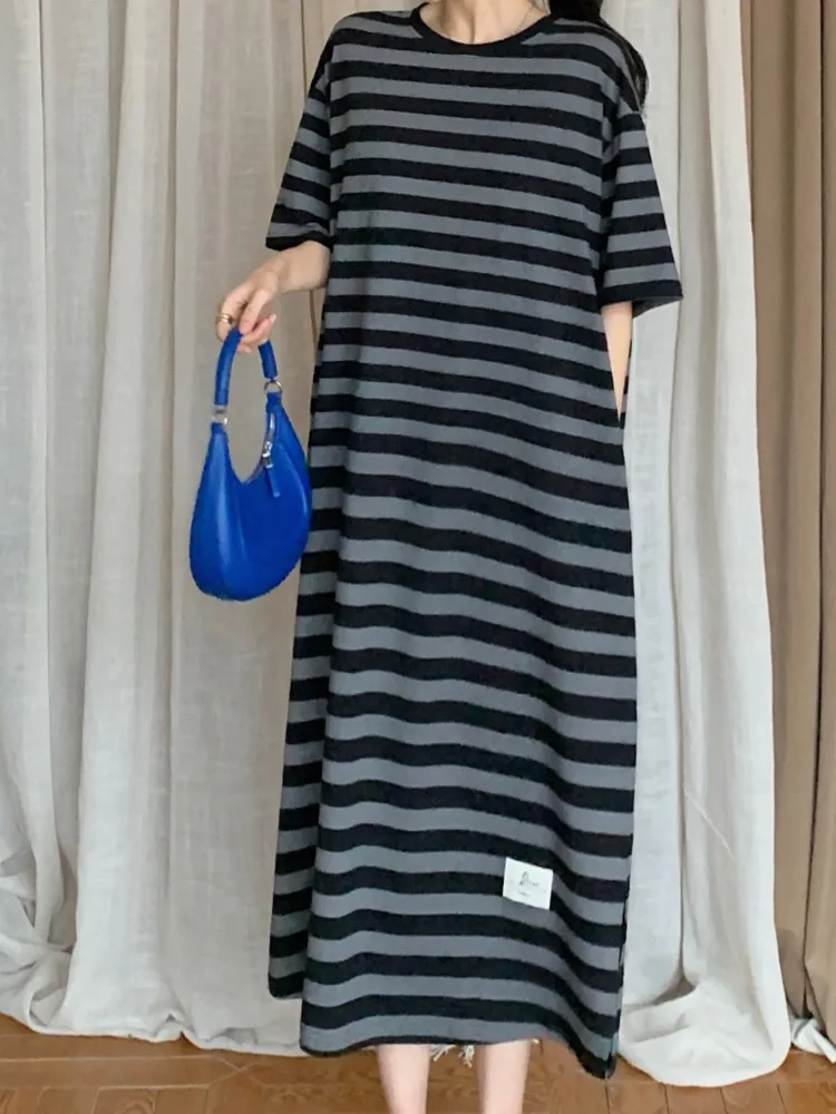夏のストライプ Tシャツドレス女性韓国怠惰なスタイルルースレディースドレスプラスサイズストライプ半袖女性ドレス Vestidos