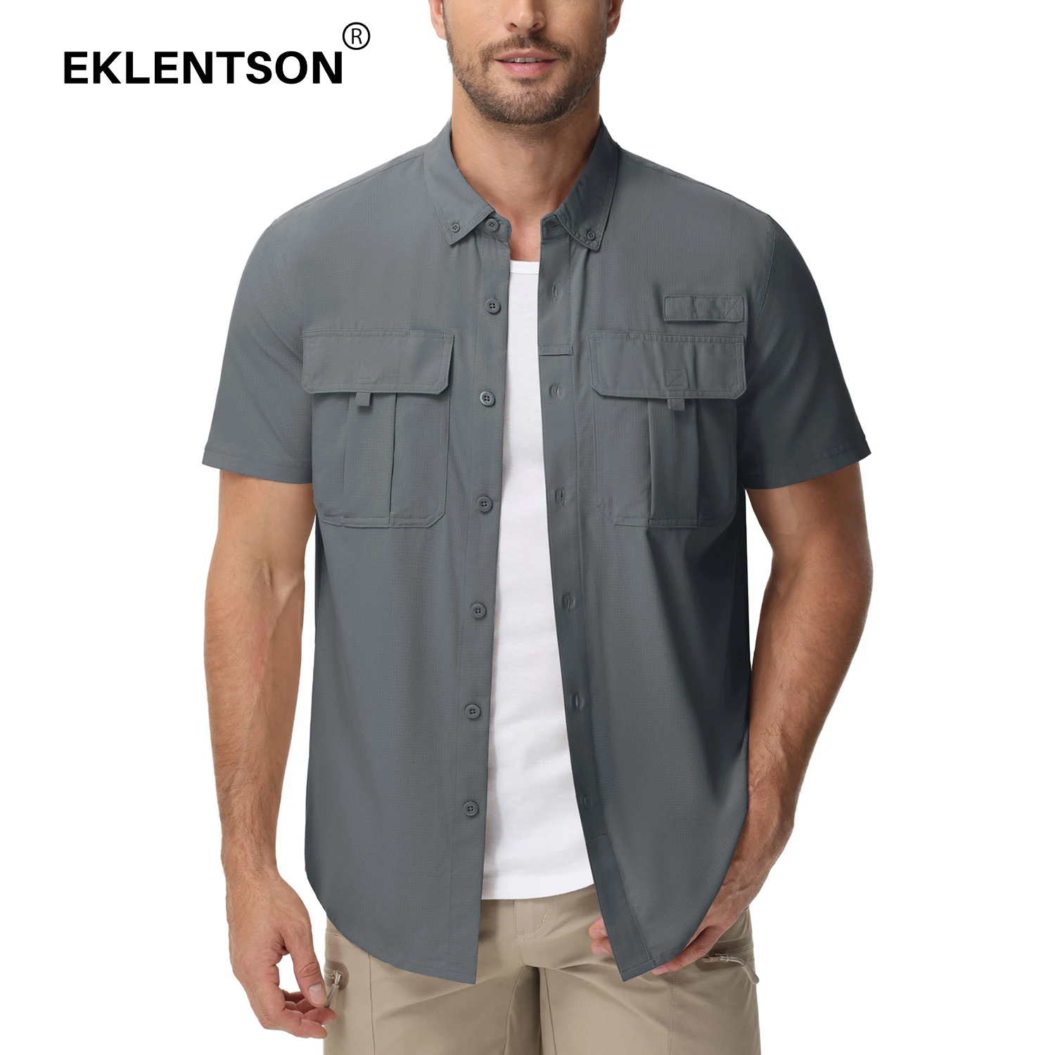 EKLENTSON UV Block Fishing Shirts Mens Lightweight UPF 50+ Quick Dry Short Sleeve Shirt Breathable Outdoor Hiking Shirt