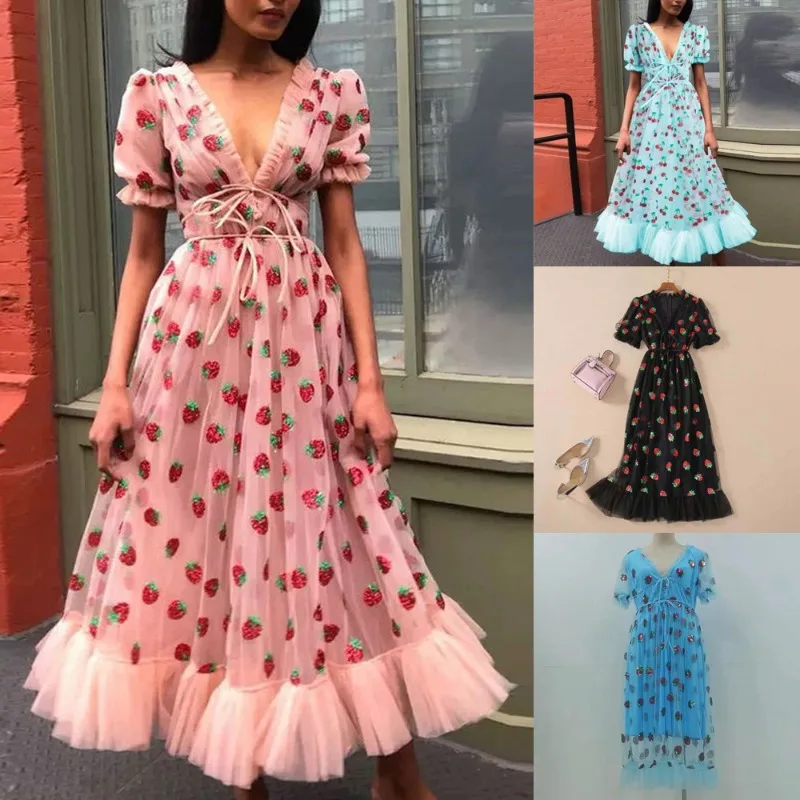 

Shiny Sequin French Strawberry Long Dress Women's Clothing Skirt with Bowtie and Pleats Cross-Border Summer Dress 2025