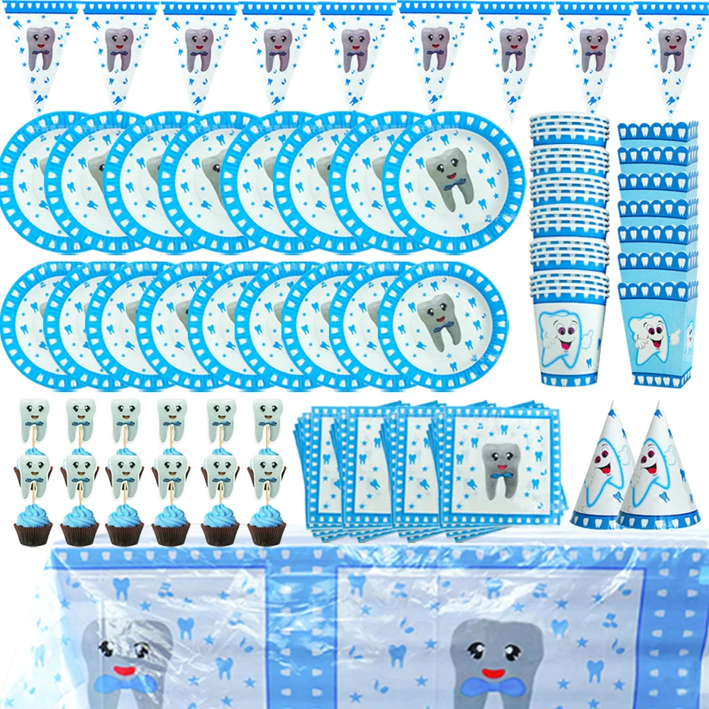 

Kids First Tooth Blue Birthday Party Supplies Disposable Tableware Balloon Backdrop Decor Toppers Boys Baby Shower Background