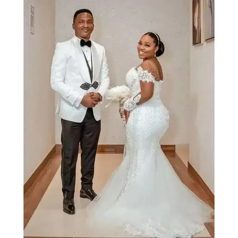 Customized Arabic Style 2023 Plus Size Mermaid Wedding Dresses With Appliques Sweep Train Long Sleeve Beaded Bridal Party Gowns