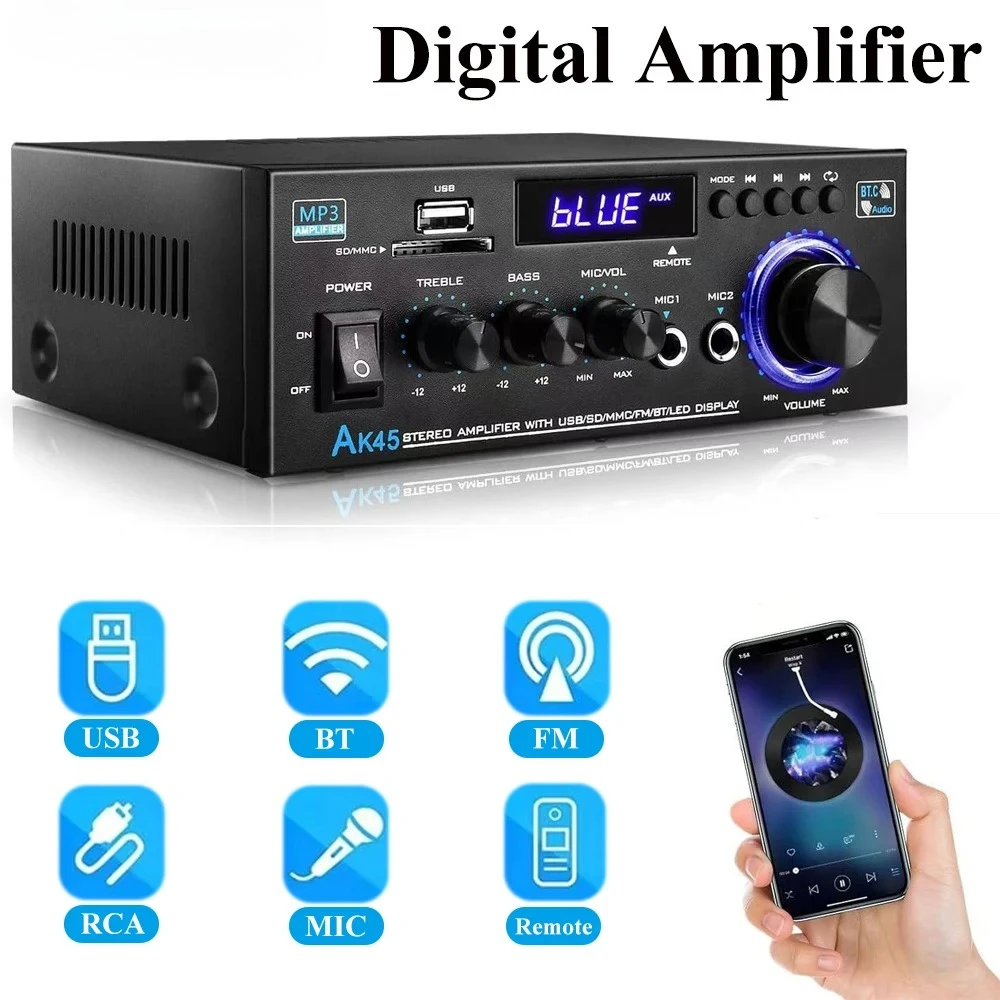 AK45 Bluetooth Audio Amplifier HiFi Digital Amplifier MP3 Player Channel 2.0 80W Power AMP Stereo For Home Car Karaoke