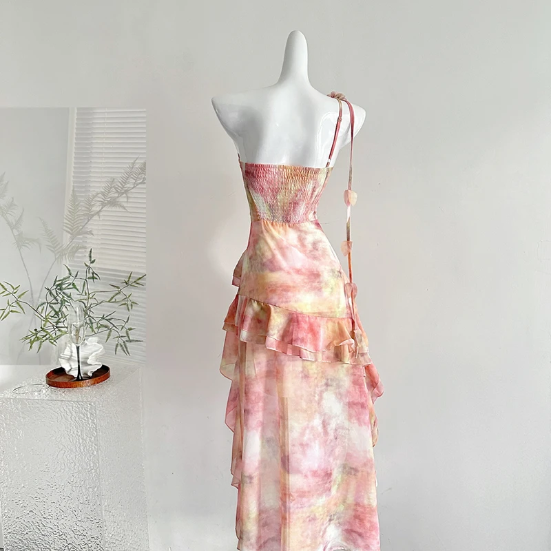 Robe de plage d'été pour femmes, Sexy, Chic, à volants, robes irrégulières, mode coréenne, Harajuku, teinture par nouage, fleur, vacances, fée