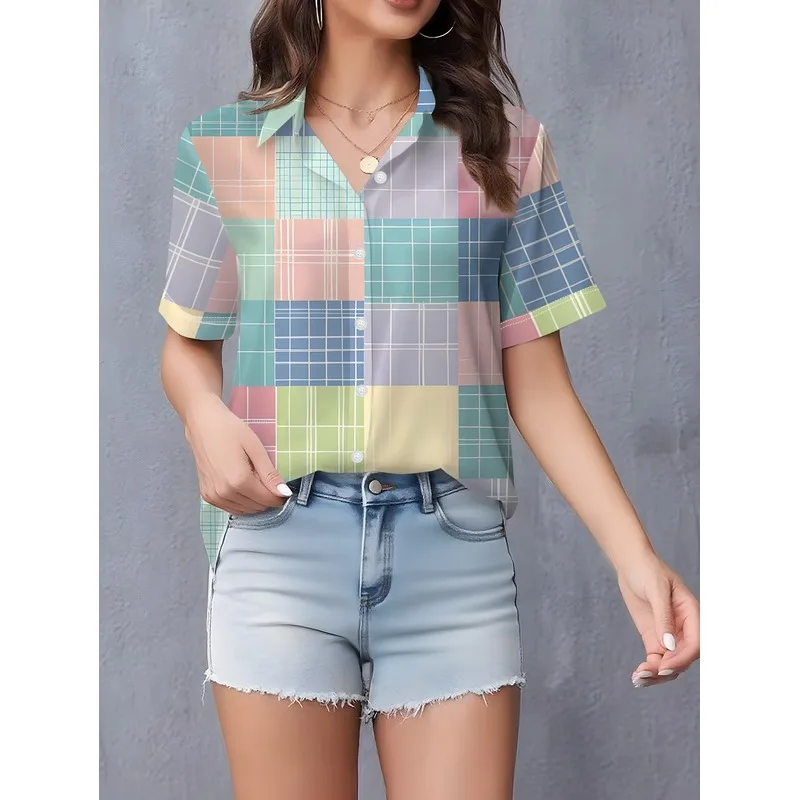Women's Lapel Button Shirt Short Sleeve Blouse Non Stretch Collar Button Front Machine Washable for Office Daily Wear Spring Sum