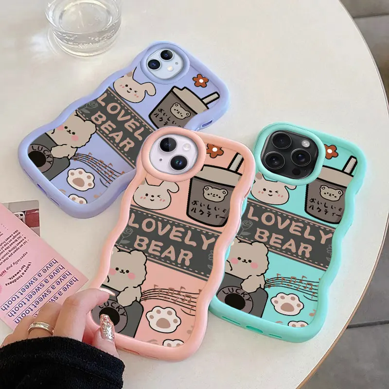 Lovely Bear Macalong Phone Case for iPhone XR 11 12 13 14 15 16 PRO MAX PLUS Soft Coque Wavy edged Shockproof Cover