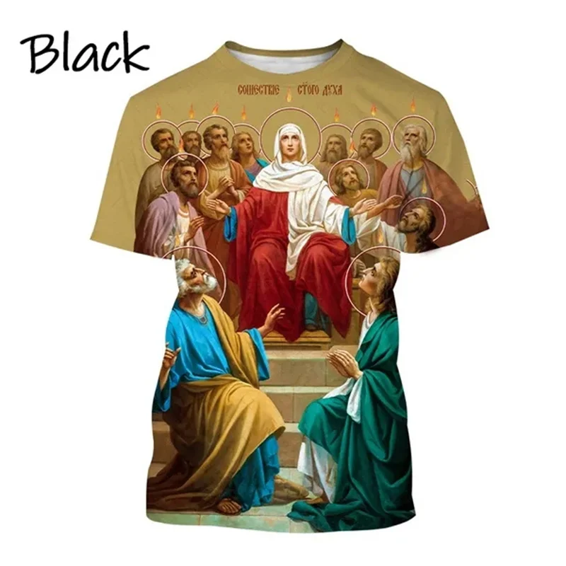 

Newest About Jesus Love Everyone Christian 3D Graphic T Shirts Virgin Mary God Bless You Casual Short-sleeved Unisex T-shirt Top