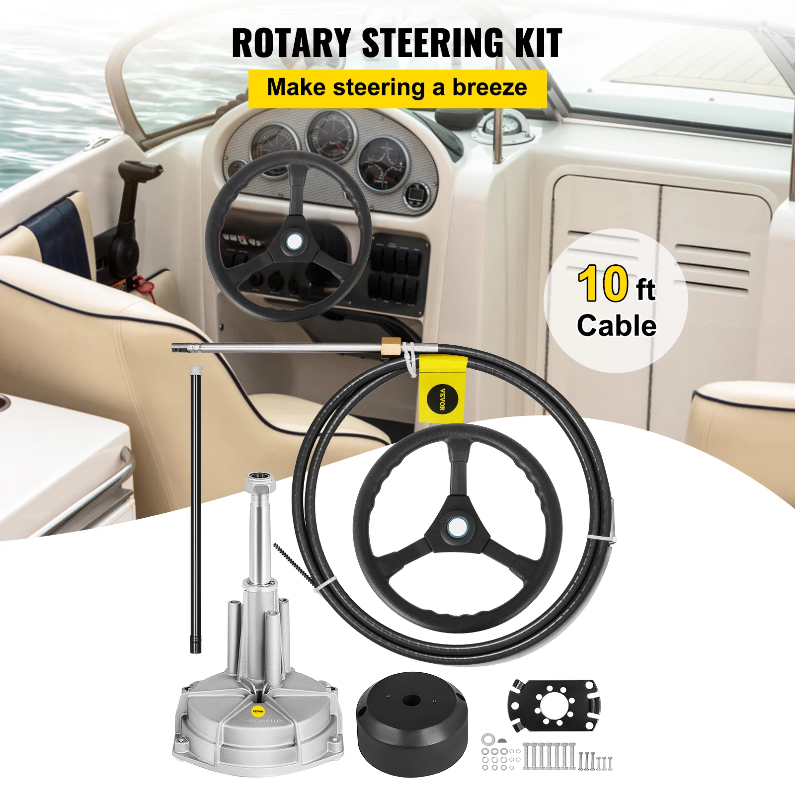 VEVOR Boat Steering Cable 10 Feet Marine Steering System 3/4\'\' Shaft with 13.5 Inch Wheel for Yachts and Waterborne Vehicles