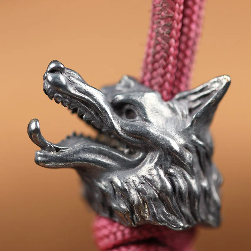 Three Eyes Wolf Head Sculpture Brass Knife Beads DIY Paracord Handmade Woven Lanyard Pendant Accessories EDC Outdoor Charms Tool