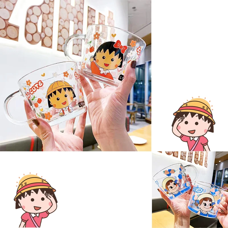 Kawaii Chibi Maruko-Chan Glass Cup with Handle Cartoon Transparent Water Cup Juice Tea Coffee Milk Cup Glass Mugs Drinkware Gift