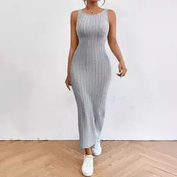 Summer Women Solid Backless Tank Dress Sleeveless Solid Color Elastic Striped Sheath Slim Waist Knitted Maxi Dress Long Dresses