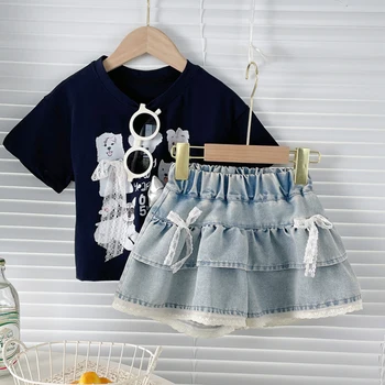 Girls Denim Lace-Trimmed Tiered Skirt 4 Girls' Denim Lace-Trimmed Multi-Layered Tiered Skirt 4