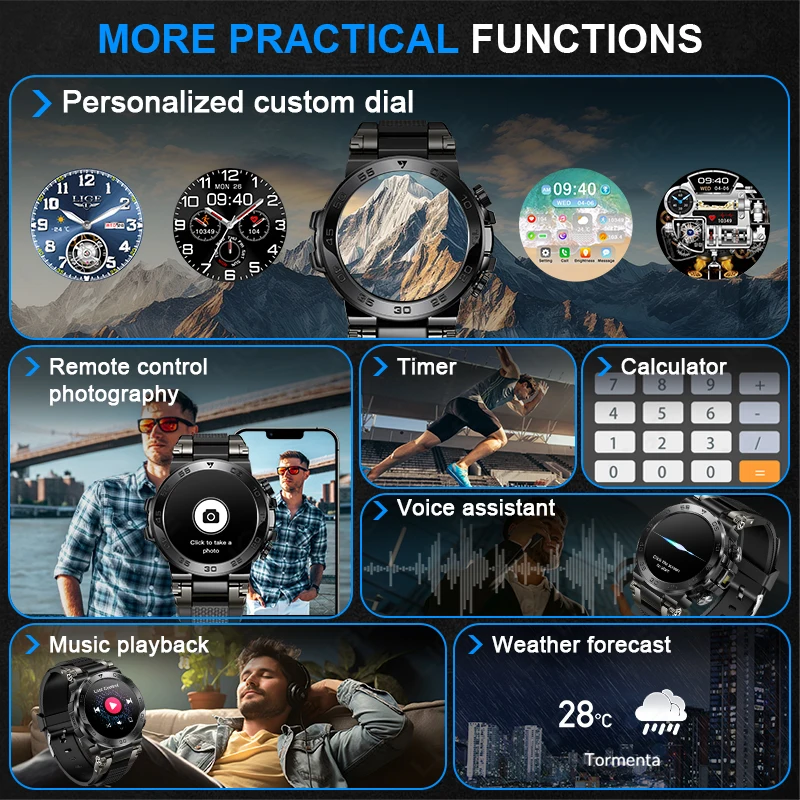 LIGE Rugged Military Smart Watch Men LED Flashlight Outdoor Sport Watches Heart Rate Health Waterproof Bluetooth Call Smartwatch