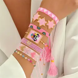 ZHONGVI Boho Ethnic Woven Miyuki Beads Bracelets Set For Women Handmade Rope Charm Pink Bracelet Friend Gift Jewelry