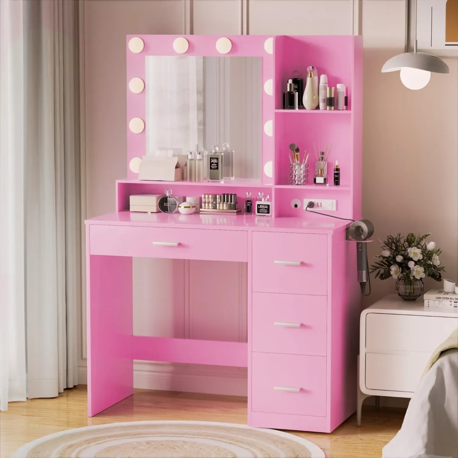 for Desk with Mirror Power Outlet and 10 Lights, Makeup Table with 4 Drawers, 3 Color Modes Available for Bedroom, Light Pink