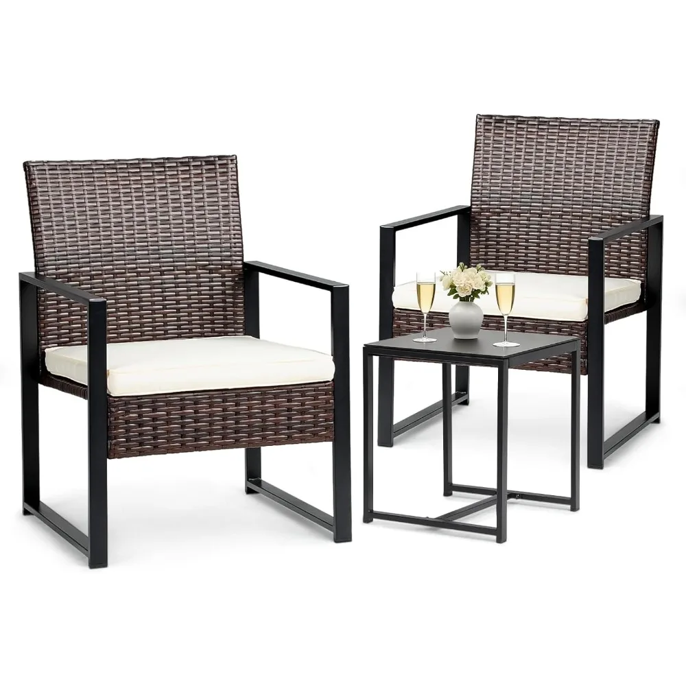 

Outdoor Patio Furniture Set of 3, Rattan Small Outdoor Table and Chairs Set, 3 Piece Wicker Patio Seating Furniture for Balcony