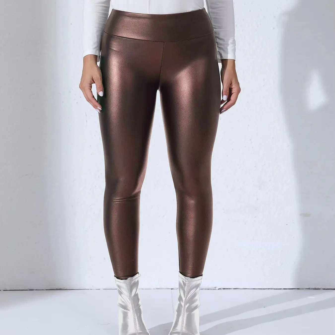 Women Fleece Lined PU Leather Leggings High Waist Shiny Thick Pants Elastic Warm Winter Slim Fit Trousers Plus S-XL