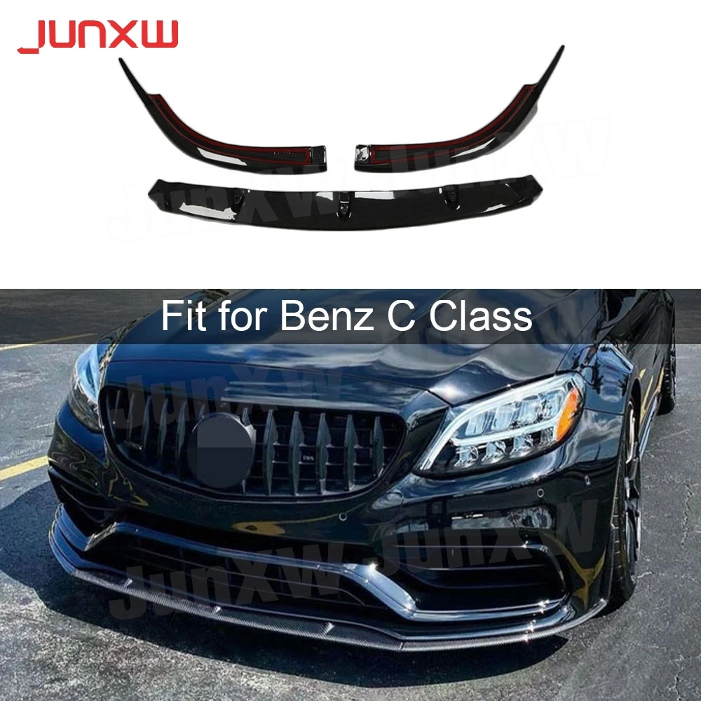 for Benz C Class W205 C63 AMG 2015-2020 Front Bumper Lip Spoiler Body Kits Cars Accessories Carbon Fiber Bumper Chin Guard FRP