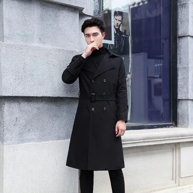 

Men's Casual Over Knee Trench Coat with Hood​ Double Buttons Loose Fit Autumn Winter Windbreaker