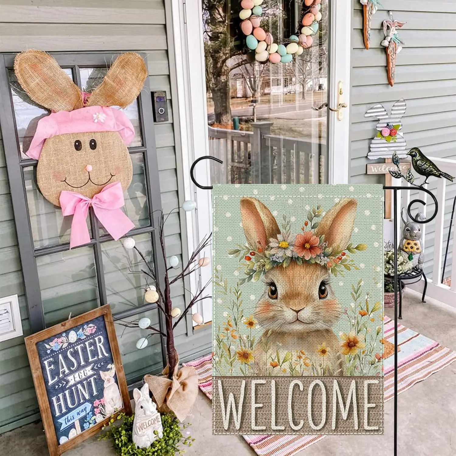 GEEORY Easter Bunny Welcome Garden Flag 12x18 - Floral Crown Rabbit Burlap Flag for Spring Yard Outdoor Decor jjp